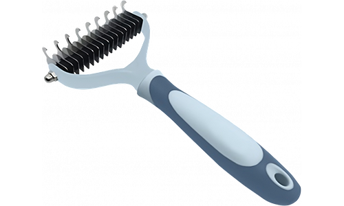 Modrá kartáč na vyčesávání pro psy a kočky, s nerezovými čepelemi a ergonomickou rukojetí pro pohodlné kartáčování.