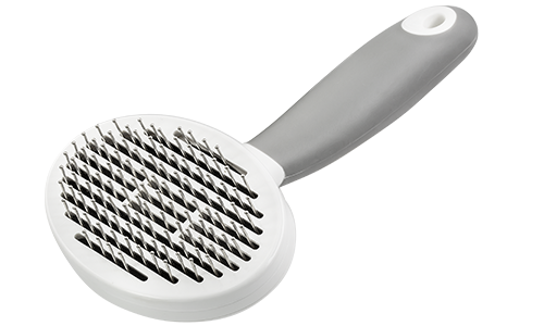 Samočisticí pinový kartáč pro psy a kočky s jemnými kovovými hroty a ergonomickou rukojetí pro odstranění volné srsti.