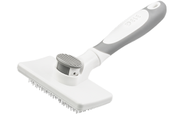 Samočisticí slicker kartáč pro psy a kočky s vysouvacími štětinami, s tlačítkovým mechanismem pro snadné odstranění srsti.