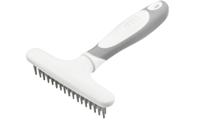 Psí hřeben na podsadu s 32 kovovými hroty a bílou ergonomickou rukojetí pro úpravu a odstranění přebytečné srsti.