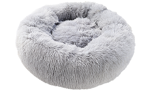 Luxusní měkký pelíšek pro psy Luxusní měkká psí postel kulatého tvaru, šedá barva, kvalitní měkký materiál, pro deluxe komfort a elegantní design.