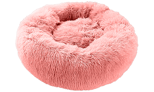 Luxusní měkká psí postel kulatého tvaru, růžová barva, kvalitní měkký materiál, pro deluxe komfort a elegantní design.
