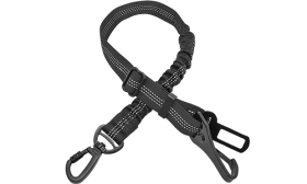 Reflexní černé bezpečnostní psí vodítko pro auto, délka 55 - 65 cm, nastavitelný popruh, vysoce viditelný reflexní materiál.