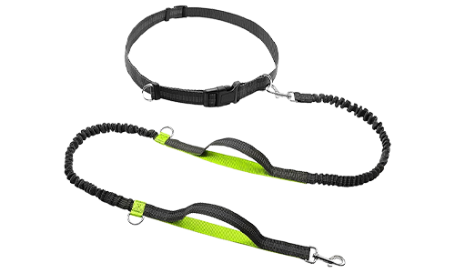 Zelené hands-free běžecké vodítko pro psy, délka 70 - 120 cm, šířka 2,5 cm, nastavitelný pás, polstrované rukojeti.