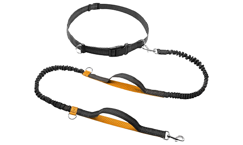 Zatahovací vodítko pro psy s volnýma rukama Oranžové hands-free běžecké vodítko pro psy, délka 70 - 120 cm, šířka 2,5 cm, nastavitelný pás, polstrované rukojeti.