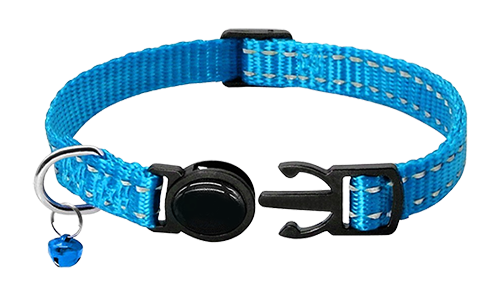 Reflexní modrý obojek pro kočky, nastavitelný 21-34 cm, 1 cm široký, reflexní a lehký nylonový materiál.