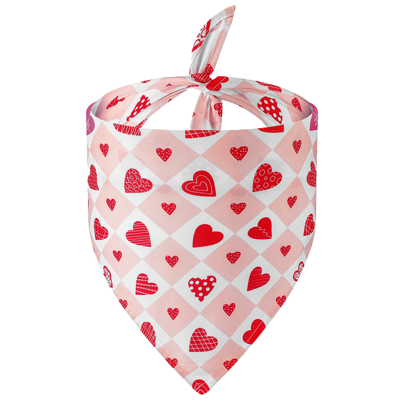 Šátek pro psy s potiskem srdce Tištěná psí bandana se srdíčky pro psy, růžový a bílý kostkovaný design se červenými srdíčky, ideální na Valentýna.