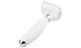 Malý bílý kartáč na srst pro psy s jemnými kovovými zuby a rukojetí, pro snížení vypadávání a odstranění volné srsti.