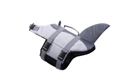 Psí záchranná vesta s motivem žraloka se zajišťovacími popruhy, nastavitelné provedení. Vhodná pro různé typy psů.