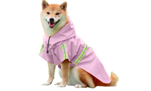 Shiba Inu v voděodolném růžovém plášti s reflexními pásky, snadné zapínání a odepínání popruhů, na deštivé procházky.