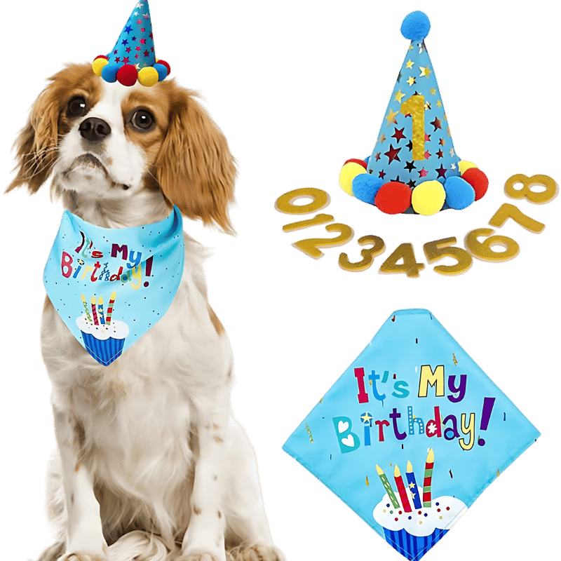 Sada šátků k Narozeninám Psa Modrý oslavný set pro psa k narozeninám s barevnou bandanou "It's My Birthday!", měkký a odolný.