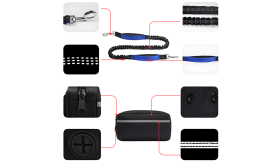 Modré psí vodítko bez použití rukou s reflexními stehy, nastavitelný pás a úložná kapsa, délka 27-48 palců, ideální pro běhání.