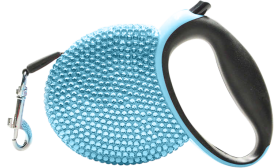 Modré luxusní navíjecí vodítko pro psa pokryté třpytivými modrými kamínky, s černou rukojetí, roztažitelné až na 3 metry.