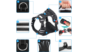 Detail postroje pro psa bez tahání, malá velikost, ukazující odolné spony a reflexní stehy.