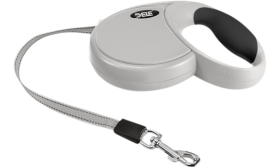 Šedé navíjecí psí vodítko s ergonomickou černou rukojetí, měkkým úchopem, s pohodlným a měkkým úchopem.