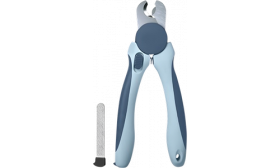 Modré psí kleště na drápky s ergonomickými rukojeťmi a ochranou, s kovovým pilníkem na nehty, vhodné pro psy i kočky.